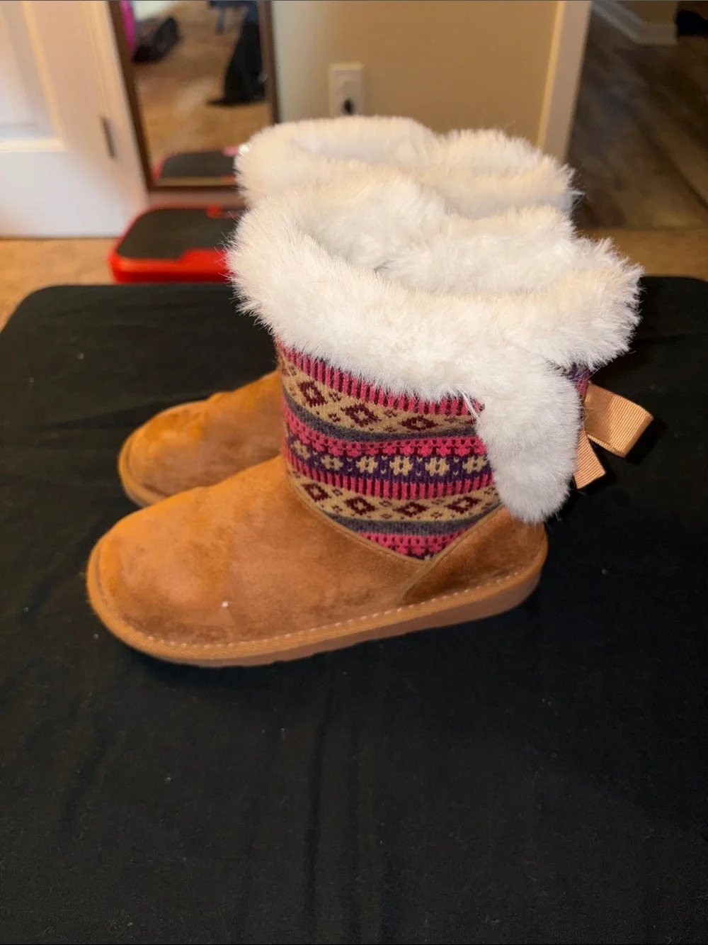 Sugar Girls Tan Suede Boots with Pink & Purple Knit Cuff